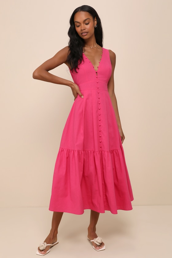 Shop Lulus Blissful Afternoon Hot Pink Linen Tie-back Midi Dress