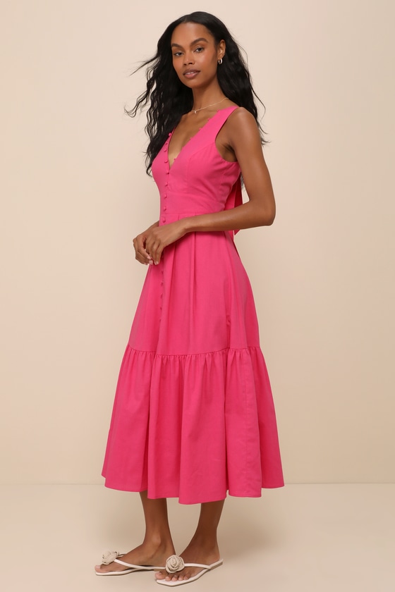 Shop Lulus Blissful Afternoon Hot Pink Linen Tie-back Midi Dress