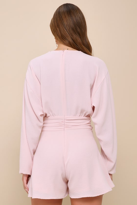 Shop Lulus Sweetly Effortless Blush Pink Long Sleeve V-neck Romper