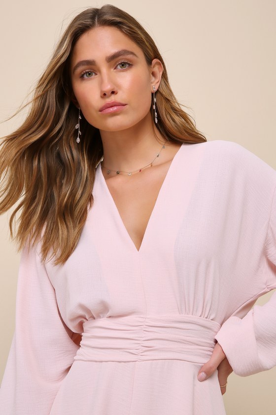 Shop Lulus Sweetly Effortless Blush Pink Long Sleeve V-neck Romper