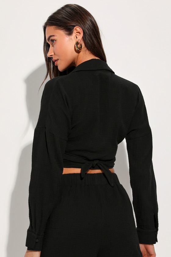 Effortless Summer Black Long Sleeve Tie-Front Swim Cover-Up Top 3