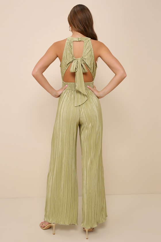 Shop Lulus Flawless Mindset Lime Green Satin Plisse Tie-back Jumpsuit