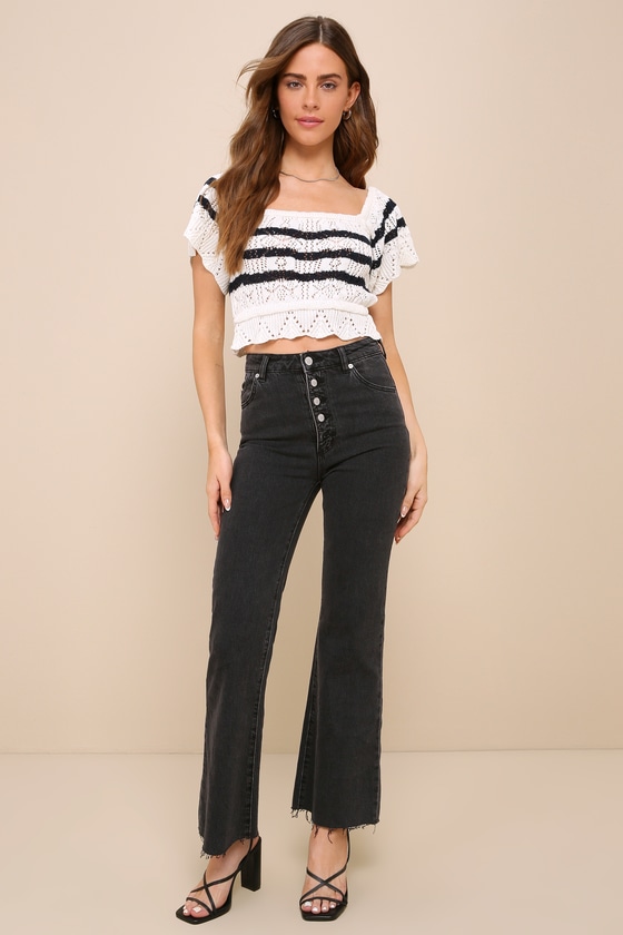 Lulus Chic 'n Breezy Ivory Striped Pointelle Knit Crop Top In Ivory