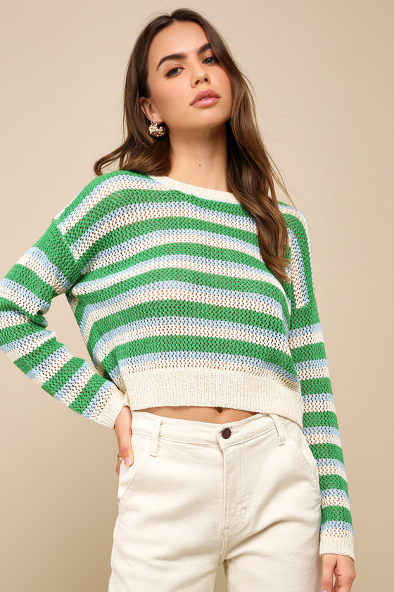 Lulus Cuter Days Green Striped Crochet Long Sleeve Sweater Top