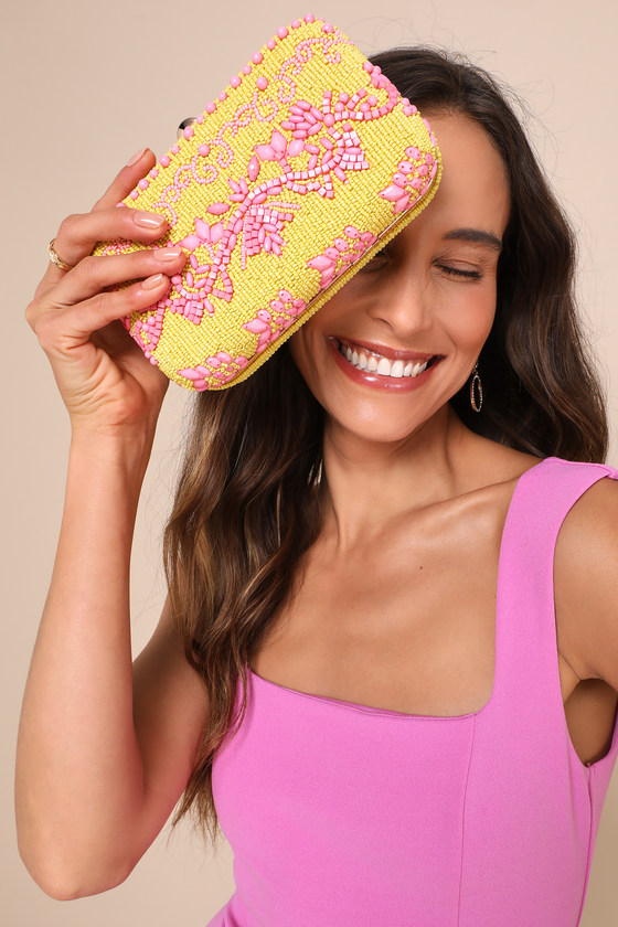 Shop Lulus Exceptional Excellence Yellow And Pink Beaded Hard Clutch