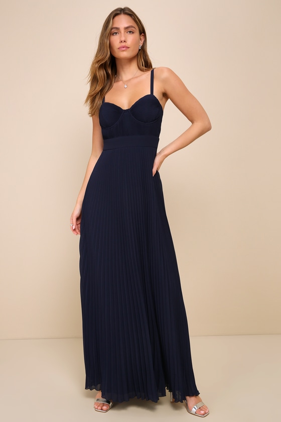 Lulus Certainly Lovely Navy Blue Pleated Bustier Maxi Dress