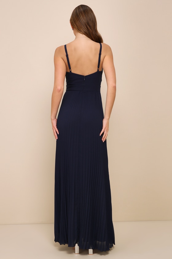 Shop Lulus Certainly Lovely Navy Blue Pleated Bustier Maxi Dress