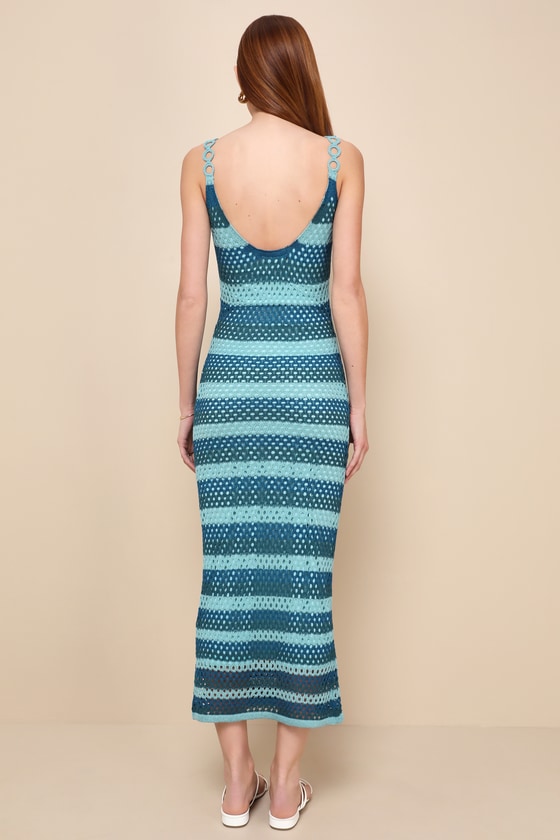Shop Lulus Picturesque Summer Teal Blue Striped Crochet Midi Dress