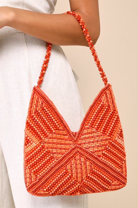 Lulus Sunny Element Orange Beaded Shoulder Bag In Orange