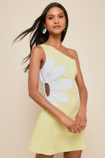 Sunny Design Yellow Cutout Flower One-Shoulder Mini Dress 2