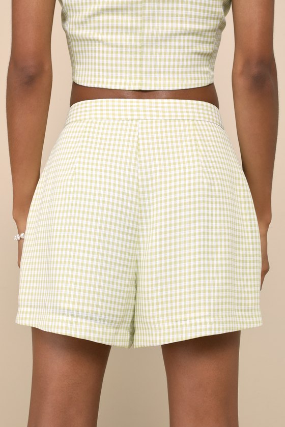 LULUS SUMMERY DARLING WHITE AND LIGHT GREEN GINGHAM BUTTON FLY SHORTS