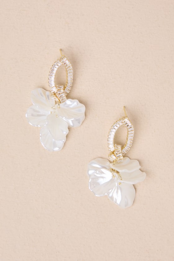 LULUS APHRODITE VIBES WHITE RHINESTONE SHELL DROP EARRINGS