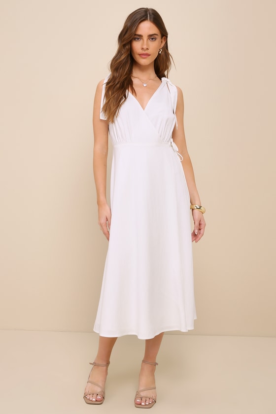 Lulus Charming Tendencies White Surplice Wrap Midi Dress In White