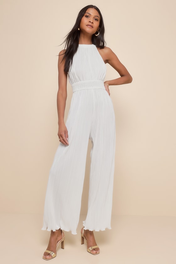 Shop Lulus Flawless Mindset Ivory Satin Plisse Tie-back Jumpsuit