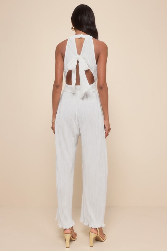 Shop Lulus Flawless Mindset Ivory Satin Plisse Tie-back Jumpsuit