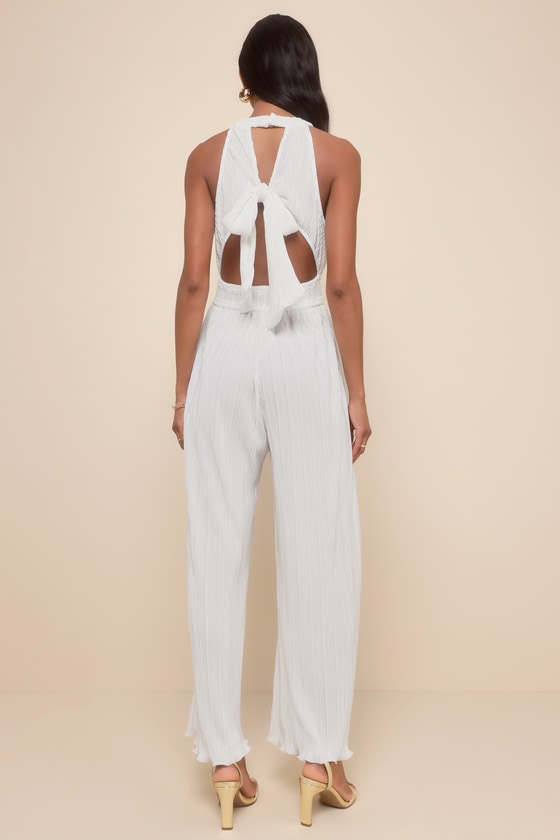 Flawless Mindset Ivory Satin Plisse Tie-Back Jumpsuit