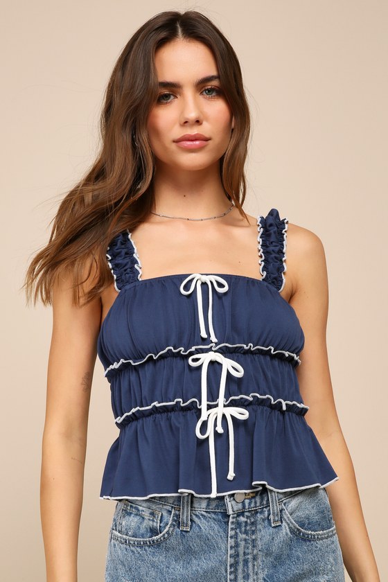 Navy Blue Tiered Top - Ruffled Sleeveless Tank Top - Bow Top - Lulus
