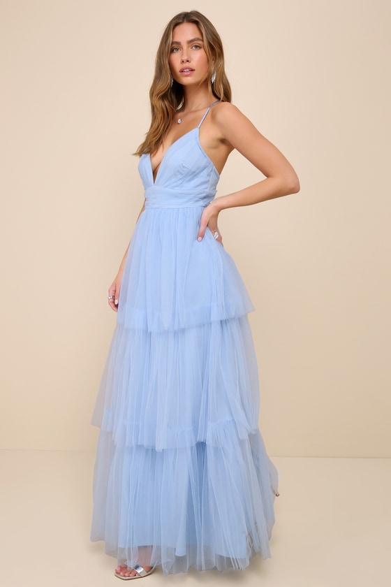Shop Lulus Charming Glamour Light Blue Tulle Sleeveless Tiered Maxi Dress