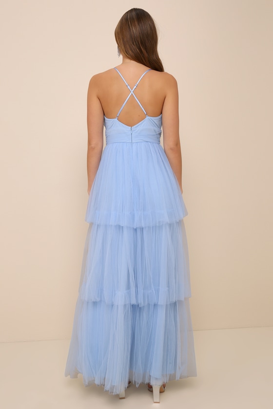 Charming Glamour Light Blue Tulle Sleeveless Tiered Maxi Dress 5