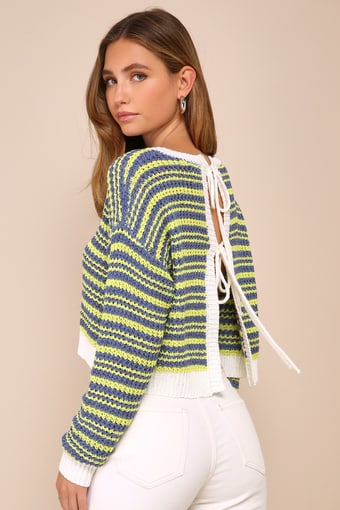 Pleasant Vibes Blue and Lime Green Striped Tie-Back Crochet Top