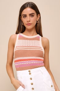 Exceptional Expression Beige Multi Striped Sweater Knit Tank Top