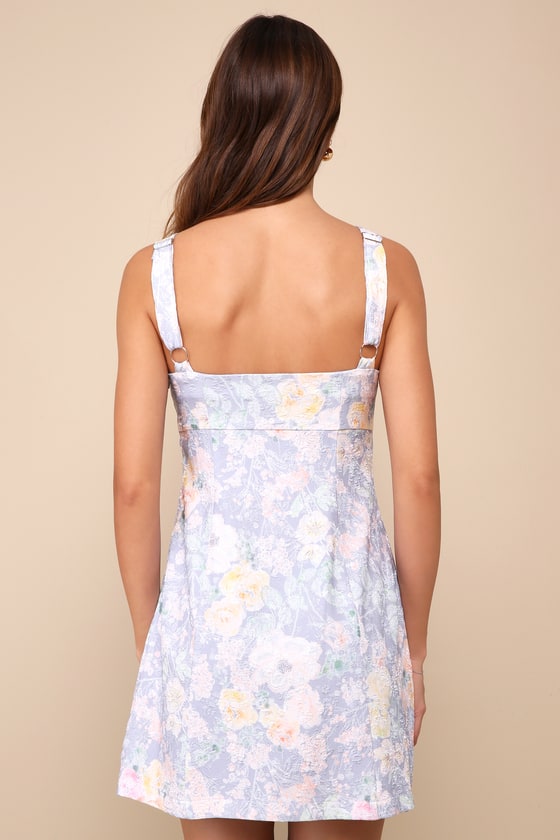 Shop Lulus Ready To Flirt Blue Floral Embossed Button-front Mini Dress