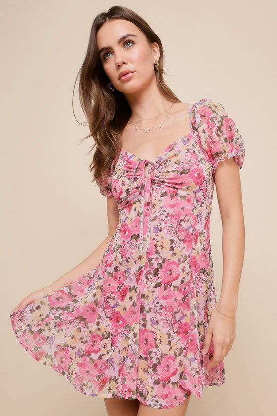 Pink Floral Dress - Puff Sleeve Dress - A-Line Mini Dress - Lulus
