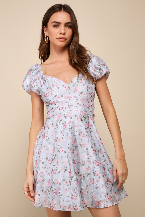 Charmingly Romantic Blue Floral Burnout Puff Sleeve Mini Dress 1