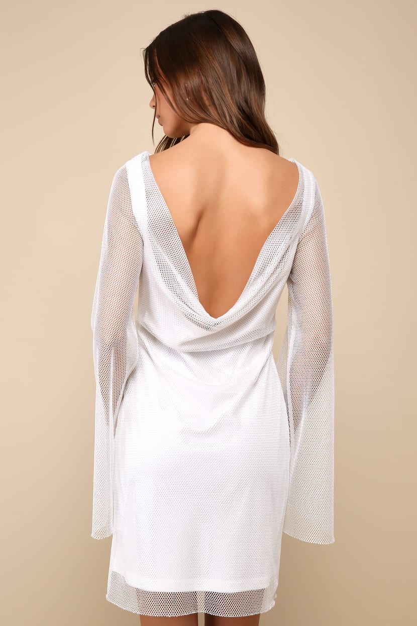 White Fishnet Mesh Dress - Bell Sleeve Dress - Cowl Back Dress - Lulus