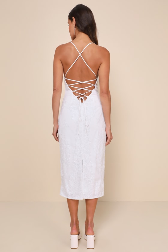 Celebratory Beauty White Mesh Embroidered Lace-Up Midi Dress 3