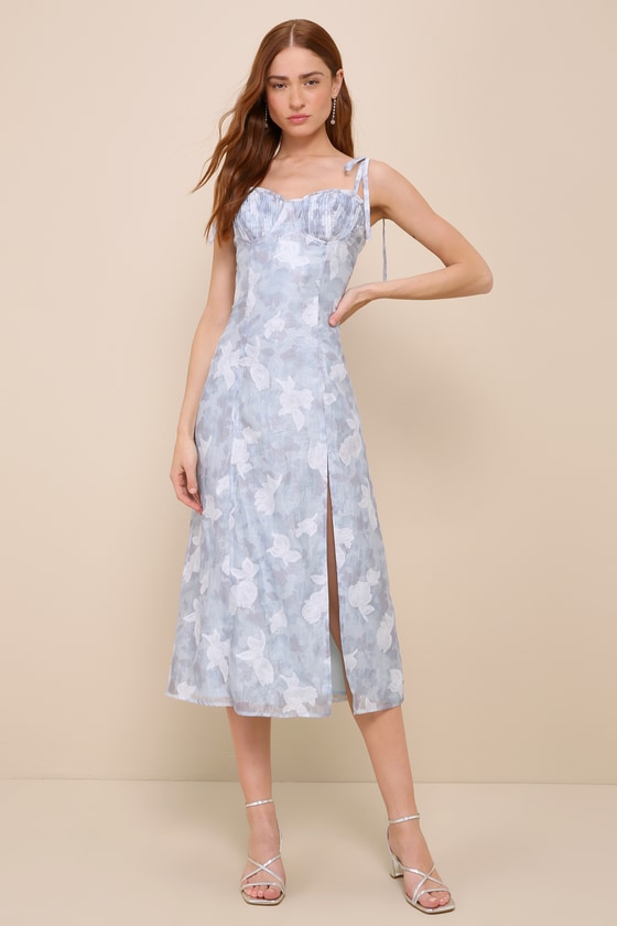 Blue Floral Burnout Dress - Tie-Strap Dress - Bustier Midi