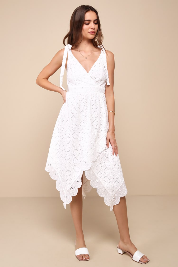 Darling Life White Embroidered Tie-Strap Handkerchief Midi Dress