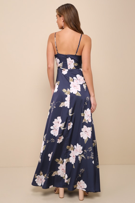Shop Lulus Radiant Occasion Navy Blue Floral Satin A-line Maxi Dress