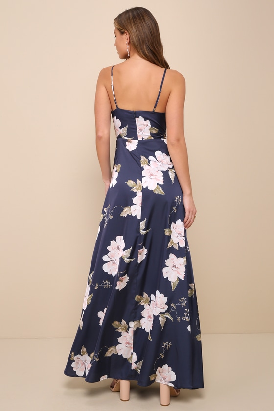 Lulus Radiant Occasion Navy Blue Floral Satin A-line Maxi Dress In Navy Blue