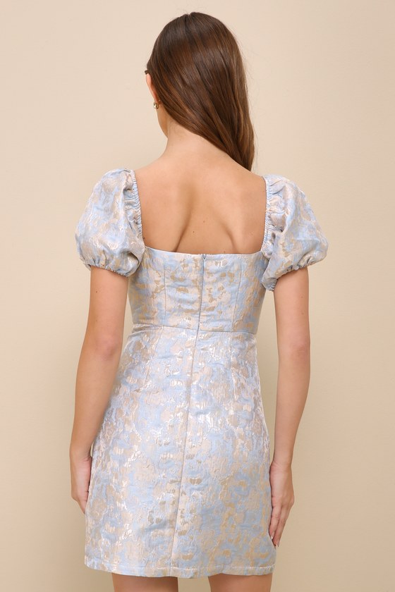 Shop Lulus Cutest Praise Light Blue Floral Jacquard Puff Sleeve Mini Dress