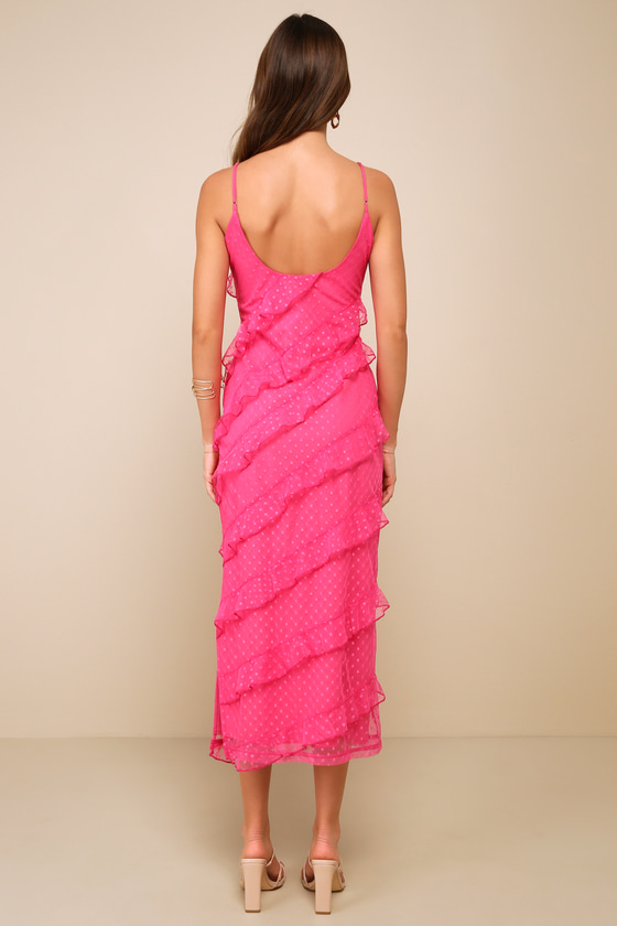 Shop Lulus More Than Gorgeous Hot Pink Mesh Ruffled Swiss Dot Midi Dress