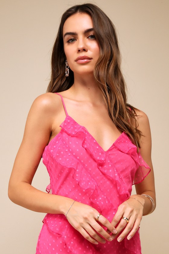 Shop Lulus More Than Gorgeous Hot Pink Mesh Ruffled Swiss Dot Midi Dress