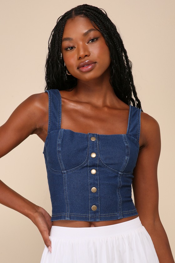 Shop Lulus Quite Cute Medium Wash Chambray Bustier Crop Top In Blue