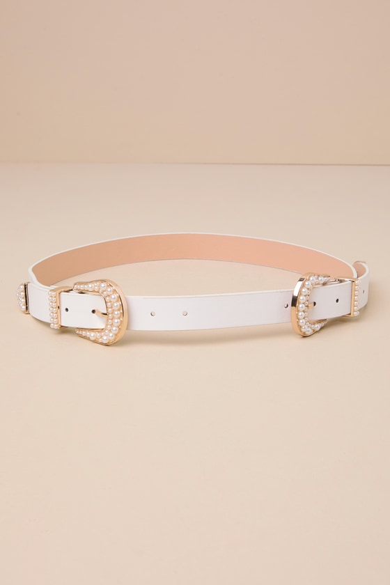 White Pearl Belt - Double Buckle Western Belt - Double Belt