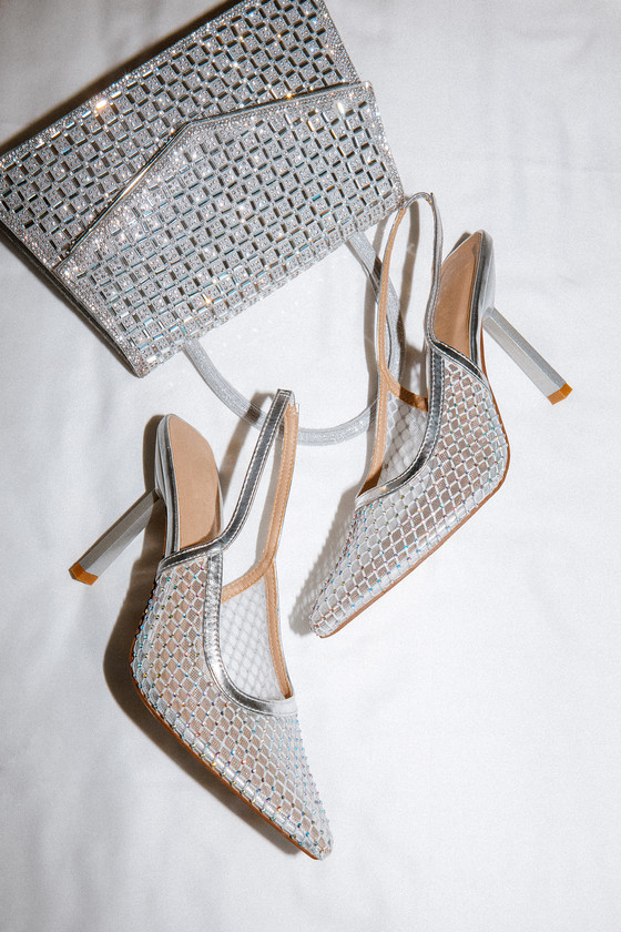 Bedita Silver Rhinestone Mesh Slingback Pointed-Toe Pumps 1