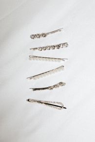 Bright Glitter Silver Rhinestone Pearl Six-Piece Hair Pin Set