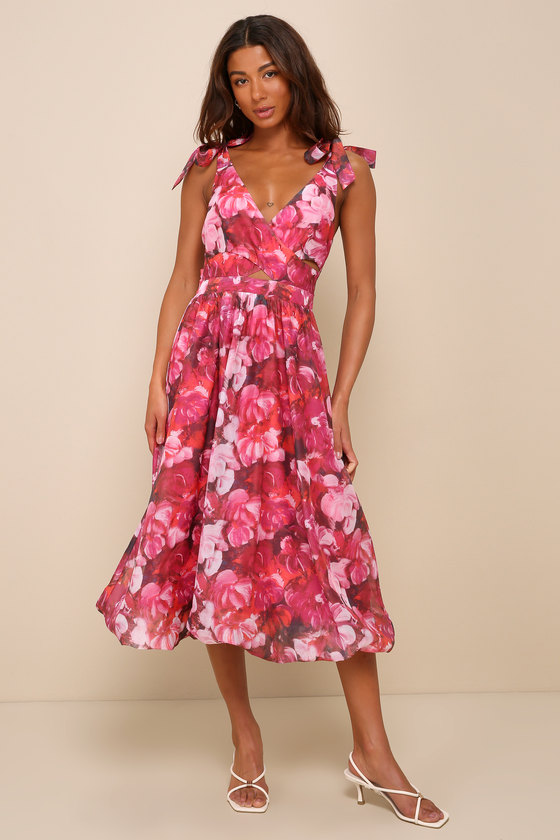 Pink Floral Dress - Organza Tie-Strap Dress - Midi Bubble Pink Floral Dress - Organza Tie-Strap Dress - Midi Bubble