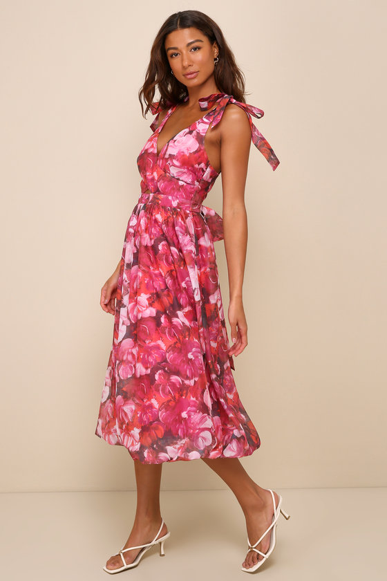 Lulus Flowering Day Dream Magenta Floral Organza Midi Bubble Dress In Magenta