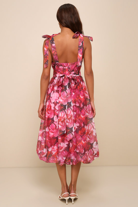 Lulus Flowering Day Dream Magenta Floral Organza Midi Bubble Dress In Magenta