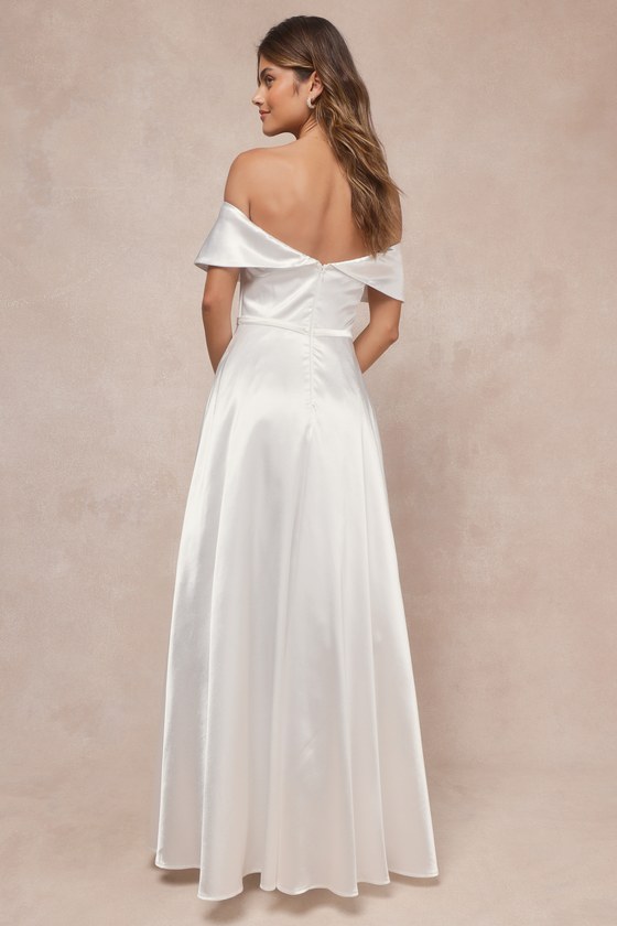 Pearl White Off-Shoulder Satin Maxi Dress