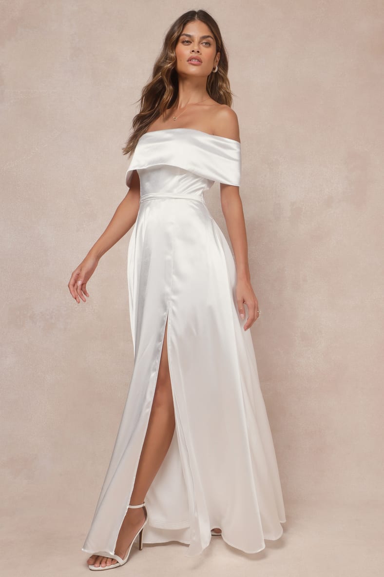 Greatest Hits White Satin Off-the-Shoulder Maxi Dress