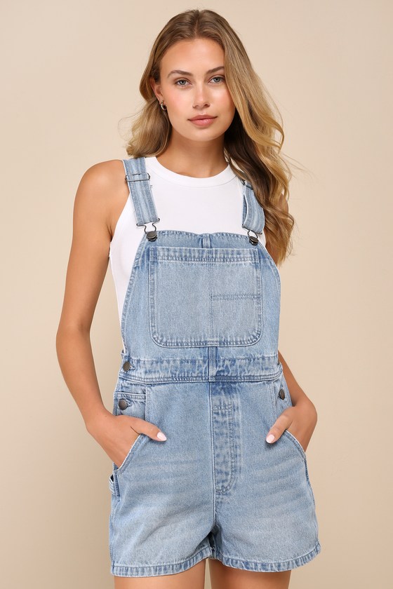 Shop Billabong Sand Canyon Light Wash Denim Short Overalls In Blue