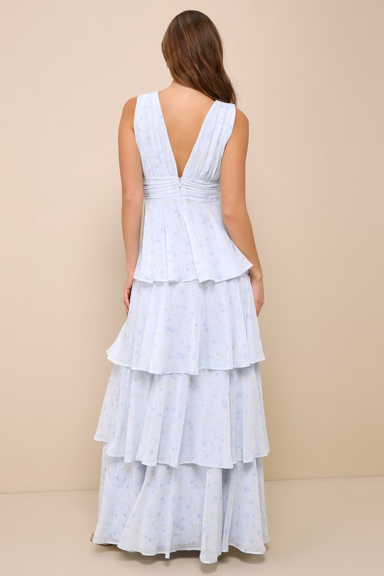 Backless Blue Tiered Floral Maxi Dress