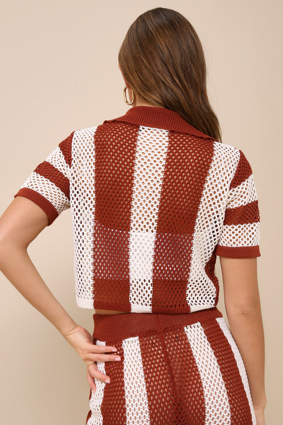 Trendy Oasis Ivory Striped Sheer Crochet Collared Button-Up Top 2