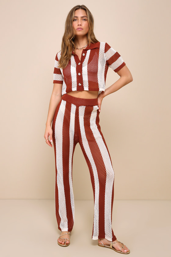 Trendy Oasis Ivory Striped Sheer Crochet High-Rise Pants 1